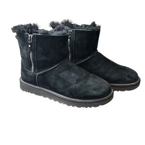 UGG Classic Mini Double Zip Women's Size 8 Black Leather Sheepskin Winter Boots